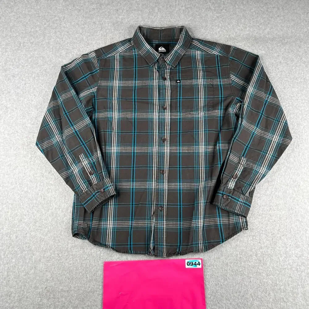 Quiksilver Shirt Youth Large Gray Blue Plaid Casual Pocket Beach Button Down
